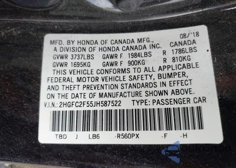 2018 Honda Civic Lx из США, поврежденный, VIN 2HGFC2F55JH587522